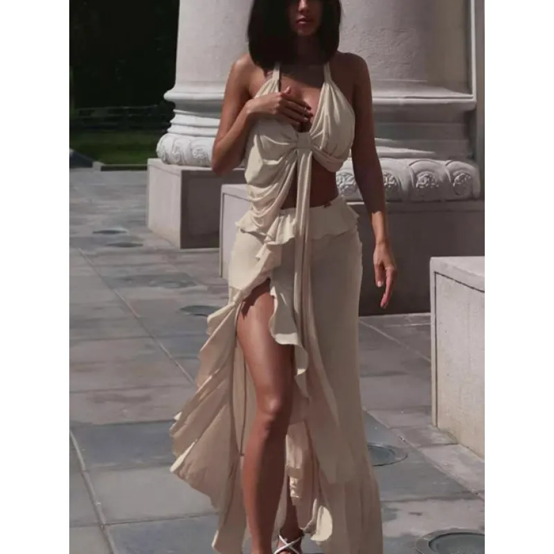 Halter Tie-Up Crop Top & Slit Skirt Set