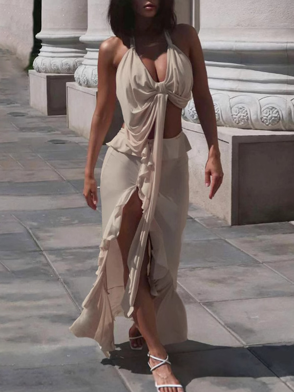Halter Tie-Up Crop Top & Slit Skirt Set