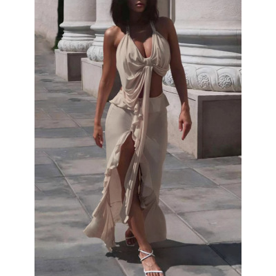 Halter Tie-Up Crop Top & Slit Skirt Set 02