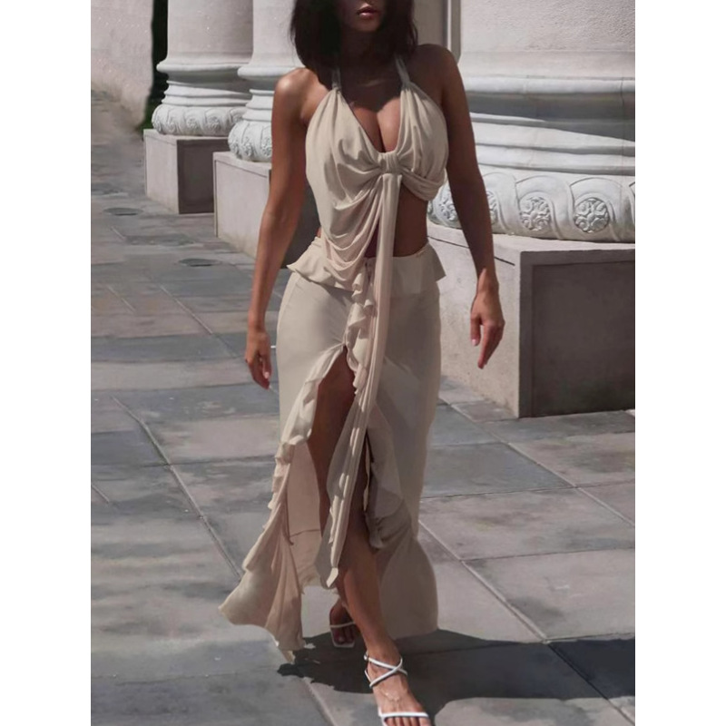 Halter Tie-Up Crop Top & Slit Skirt Set