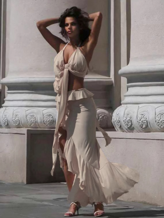 Halter Tie-Up Crop Top & Slit Skirt Set