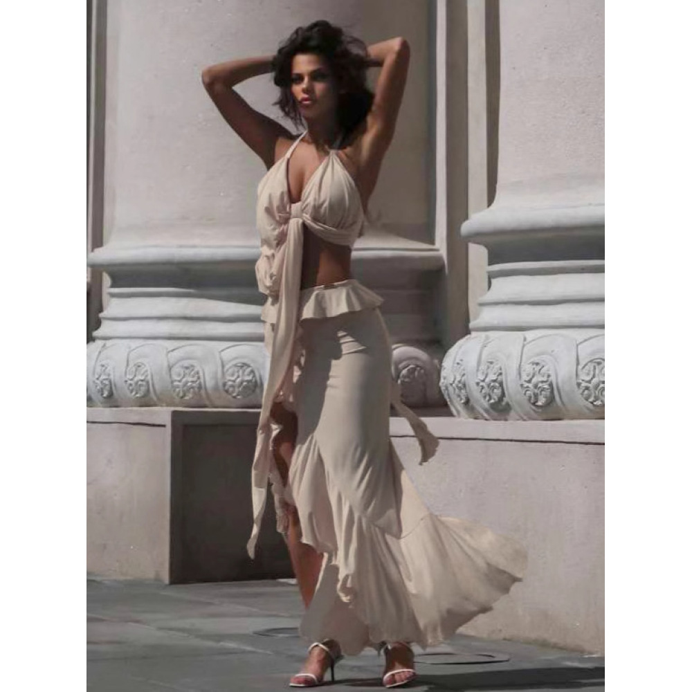 Halter Tie-Up Crop Top & Slit Skirt Set