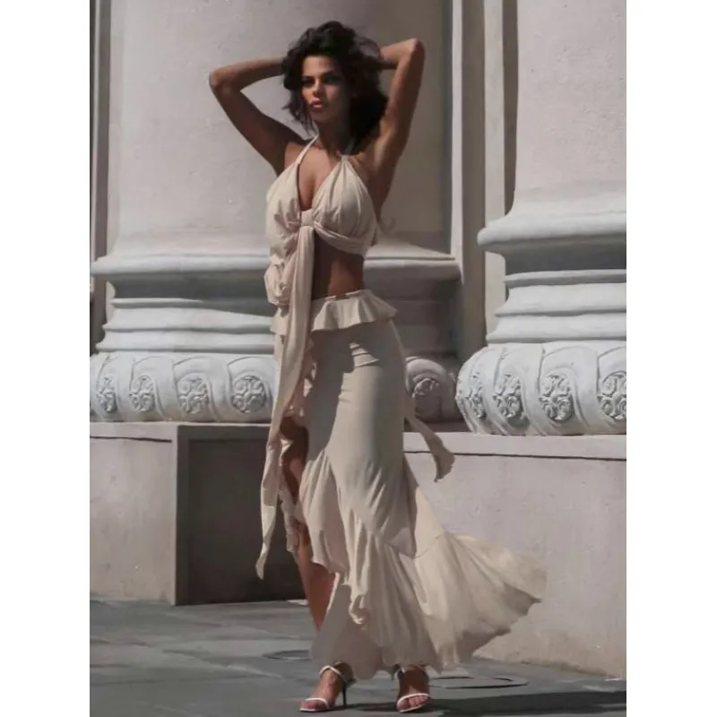 Halter Tie-Up Crop Top & Slit Skirt Set