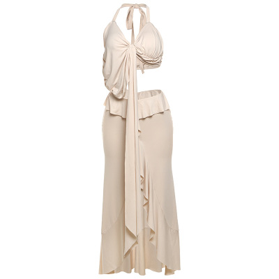 Halter Tie-Up Crop Top & Slit Skirt Set 01