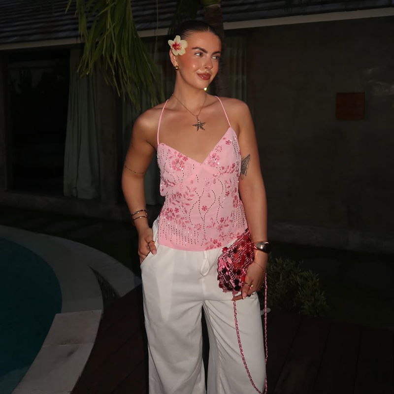 Beaded Sequin Backless Tie-Up Bralette