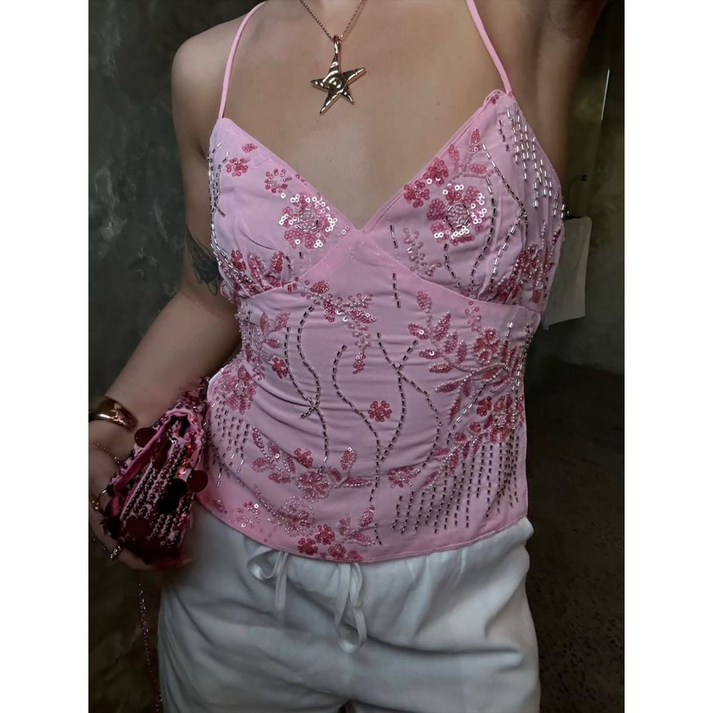 Beaded Sequin Backless Tie-Up Bralette
