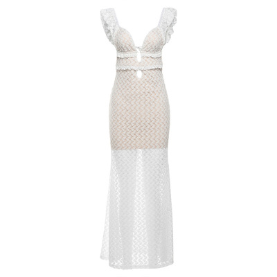 Instagram Style Y2K Sheer V-Neck Backless Tie Waist Bodycon Dress 01