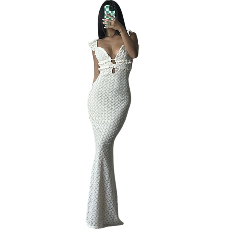 Instagram Style Y2K Sheer V-Neck Backless Tie Waist Bodycon Dress