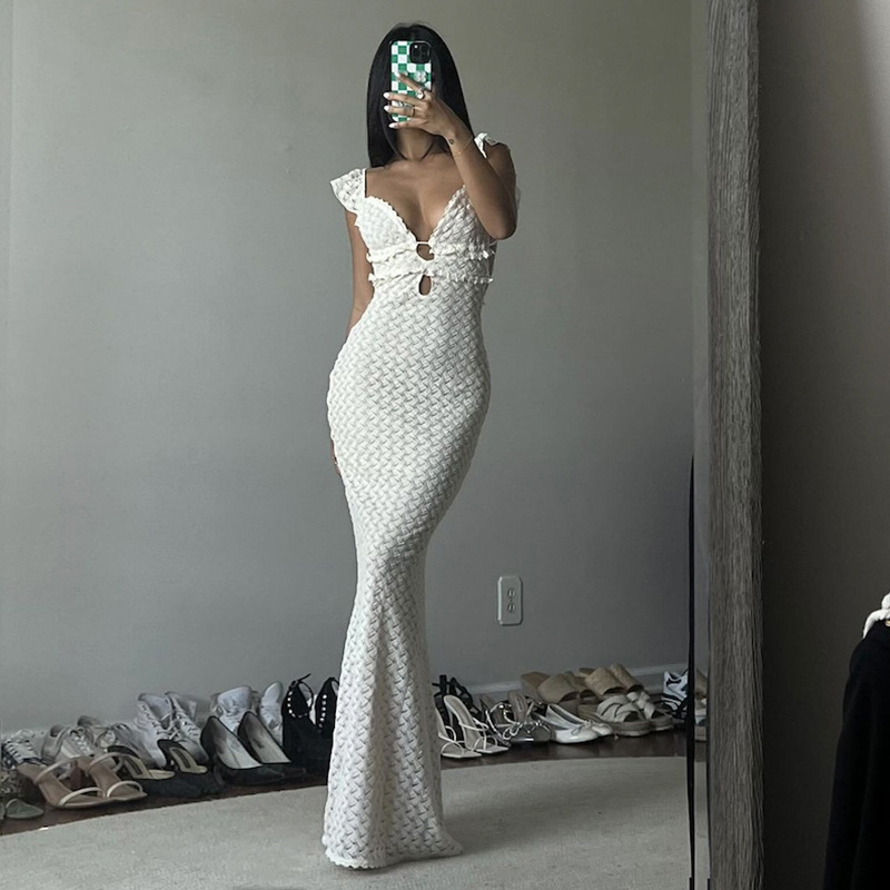 Instagram Style Y2K Sheer V-Neck Backless Tie Waist Bodycon Dress