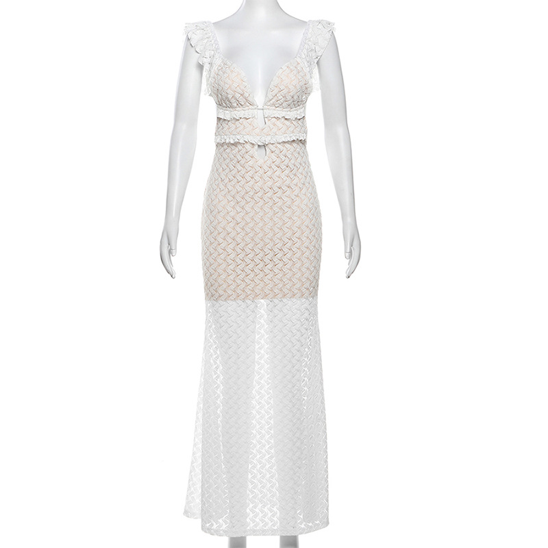 Instagram Style Y2K Sheer V-Neck Backless Tie Waist Bodycon Dress