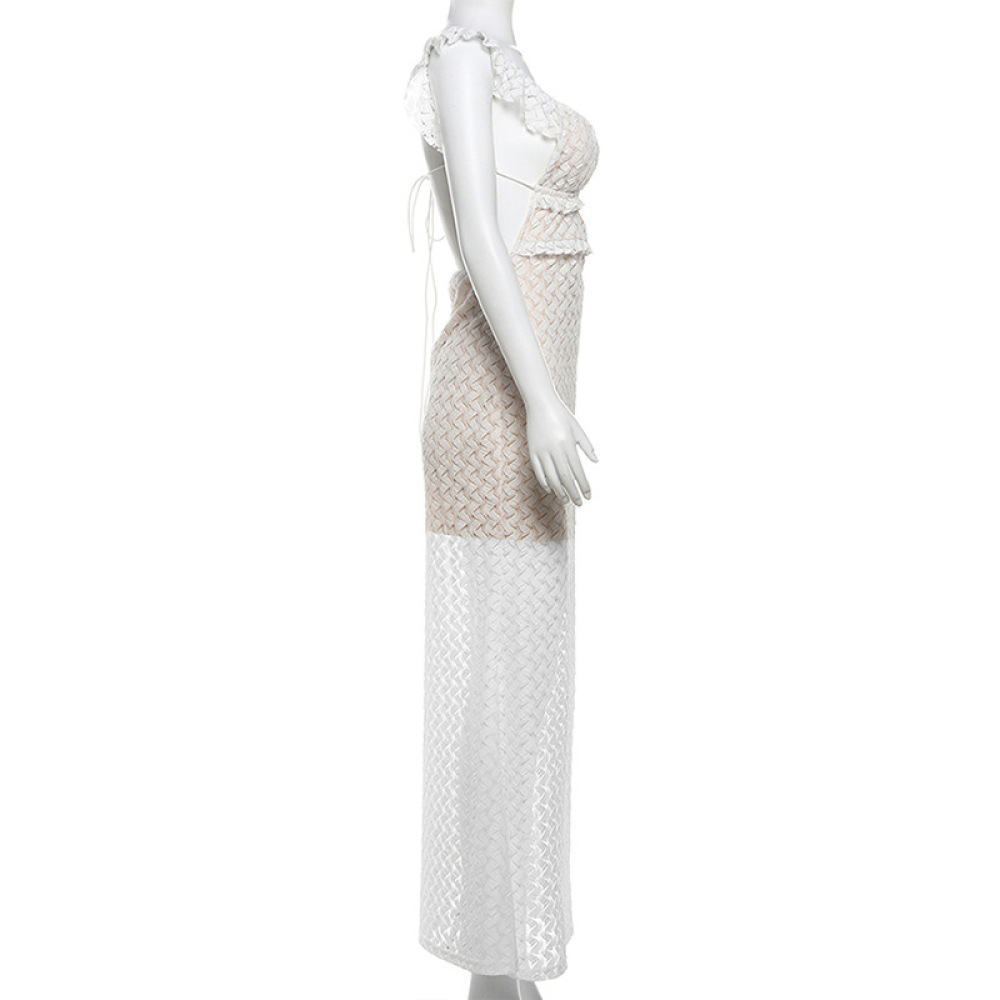 Instagram Style Y2K Sheer V-Neck Backless Tie Waist Bodycon Dress