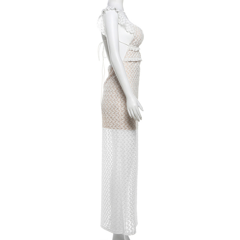 Instagram Style Y2K Sheer V-Neck Backless Tie Waist Bodycon Dress