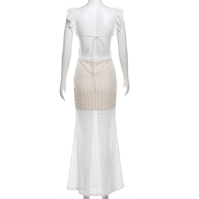 Instagram Style Y2K Sheer V-Neck Backless Tie Waist Bodycon Dress