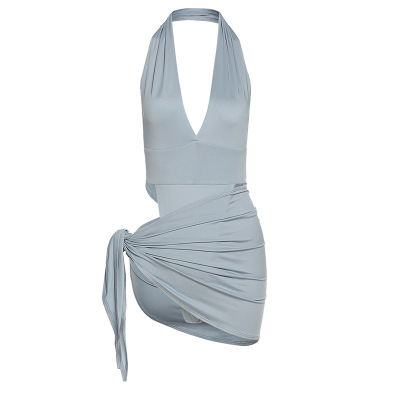 Sexy V-Neck Backless Crop Top & Bodycon Mini Skirt Set 01