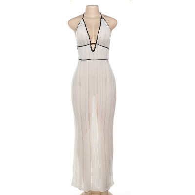 Fashion Color-Block V-Neck Halter Tie Backless Knit Dress for Women 01