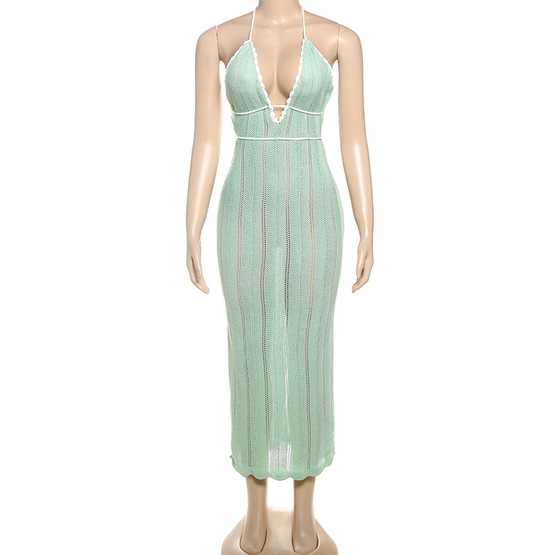 Fashion Color-Block V-Neck Halter Tie Backless Knit Dress for Women