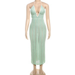 Fashion Color-Block V-Neck Halter Tie Backless Knit Dress for Women