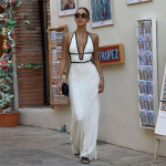 Fashion Color-Block V-Neck Halter Tie Backless Knit Dress for Women
