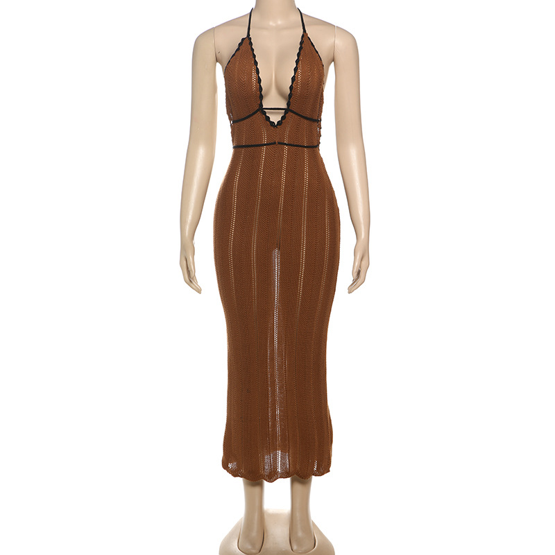 Fashion Color-Block V-Neck Halter Tie Backless Knit Dress for Women