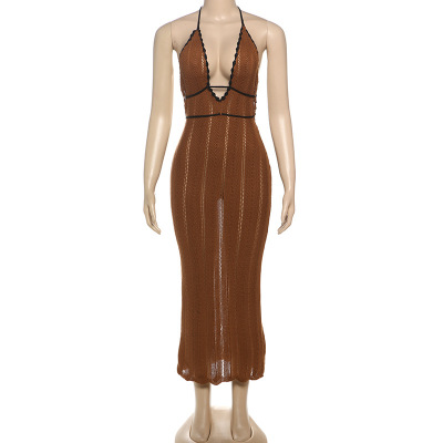 Fashion Color-Block V-Neck Halter Tie Backless Knit Dress for Women 02