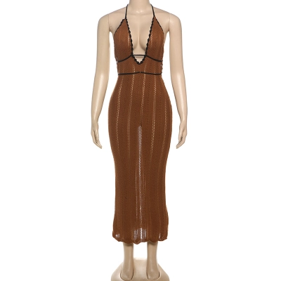 Fashion Color-Block V-Neck Halter Tie Backless Knit Dress for Women 02