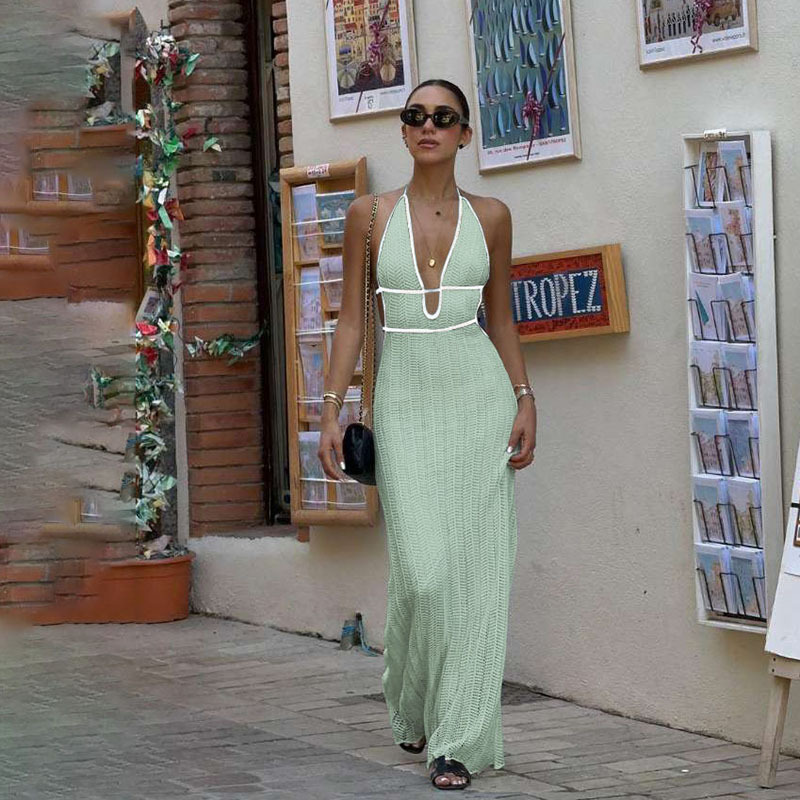 Fashion Color-Block V-Neck Halter Tie Backless Knit Dress for Women