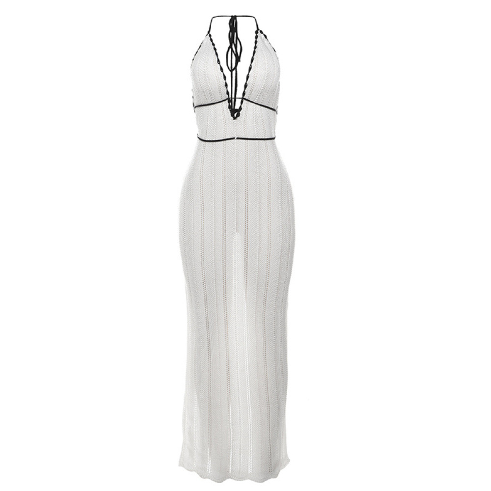 Fashion Color-Block V-Neck Halter Tie Backless Knit Dress for Women