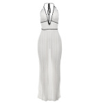 Fashion Color-Block V-Neck Halter Tie Backless Knit Dress for Women