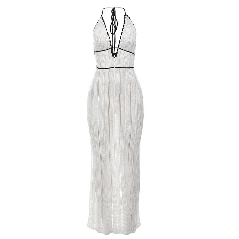 Fashion Color-Block V-Neck Halter Tie Backless Knit Dress for Women