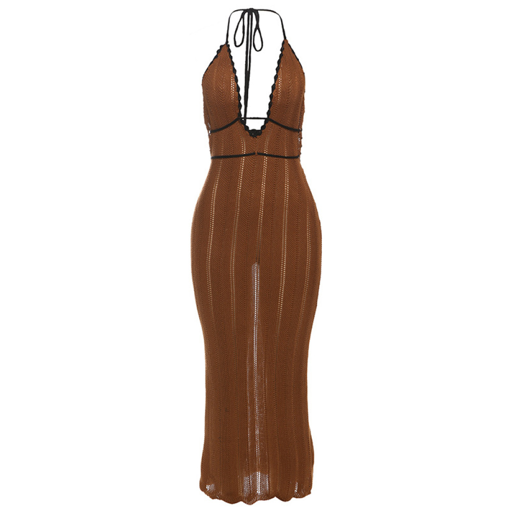 Fashion Color-Block V-Neck Halter Tie Backless Knit Dress for Women