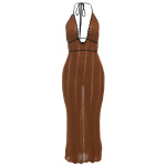 Fashion Color-Block V-Neck Halter Tie Backless Knit Dress for Women