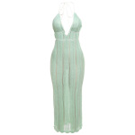 Fashion Color-Block V-Neck Halter Tie Backless Knit Dress for Women