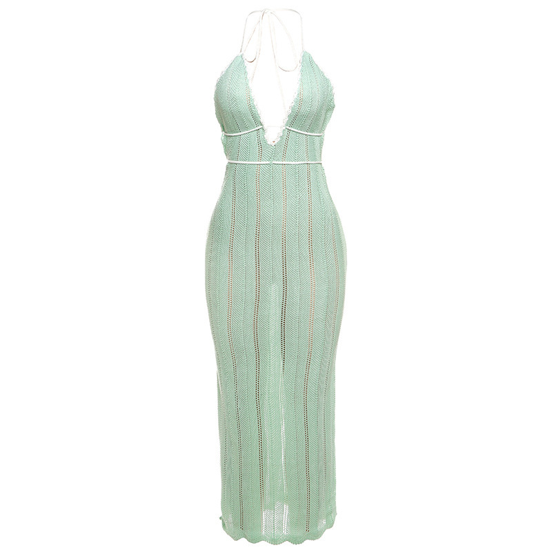 Fashion Color-Block V-Neck Halter Tie Backless Knit Dress for Women