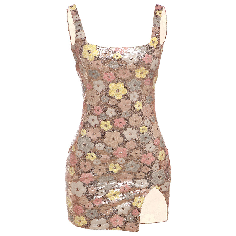 Sparkly Square Neck Bodycon Slit Dress