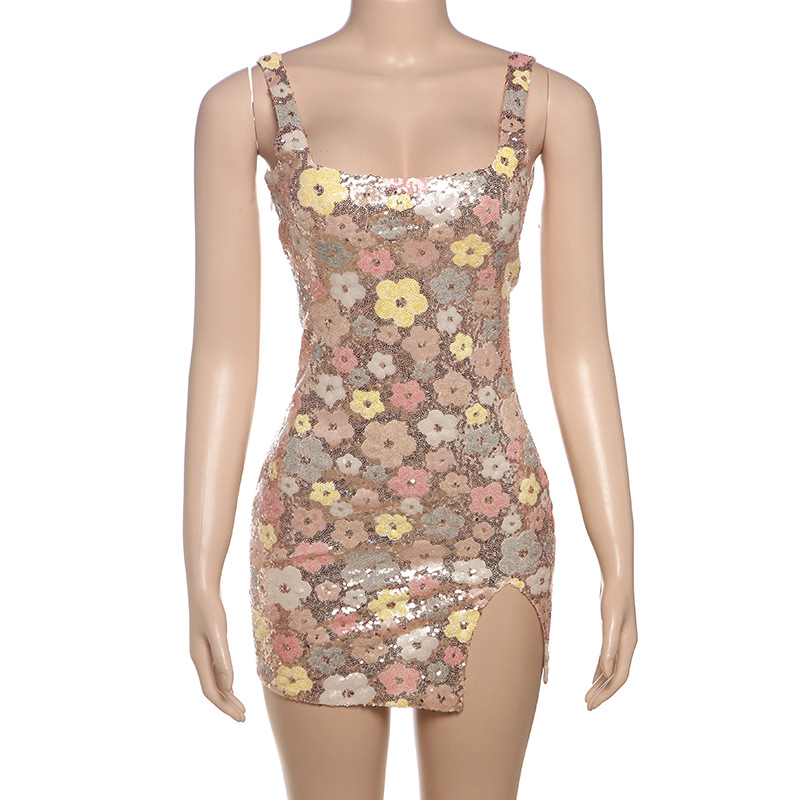 Sparkly Square Neck Bodycon Slit Dress