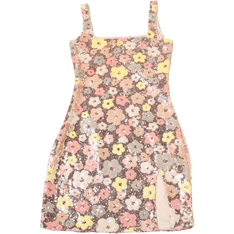 Sparkly Square Neck Bodycon Slit Dress