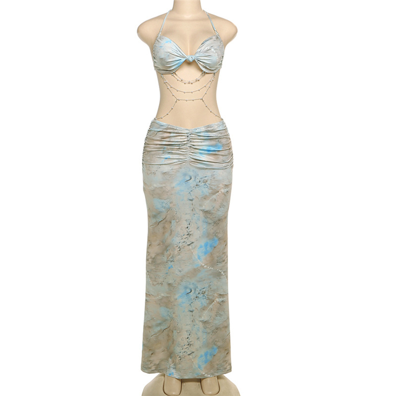 Women's Halter Neck Beaded Chain Detail Bodycon Backless Mini Dress