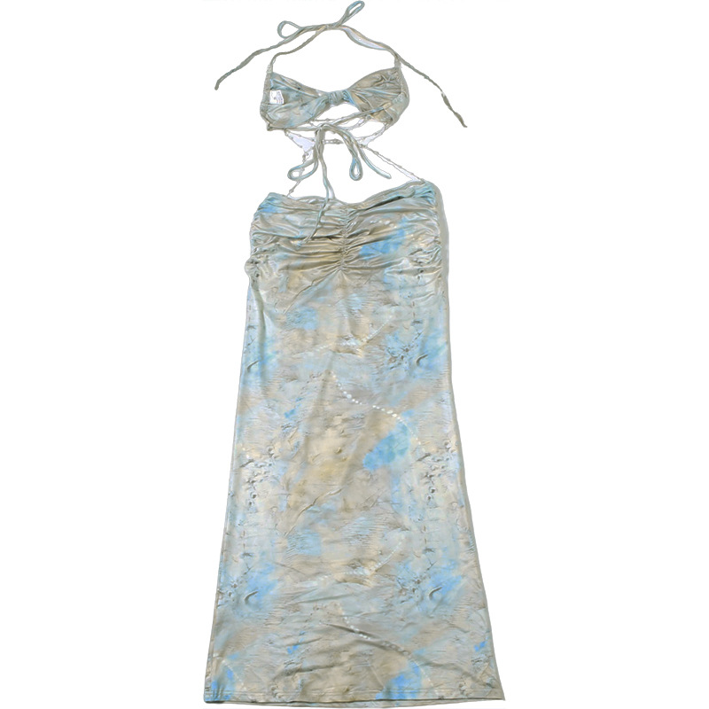 Women's Halter Neck Beaded Chain Detail Bodycon Backless Mini Dress