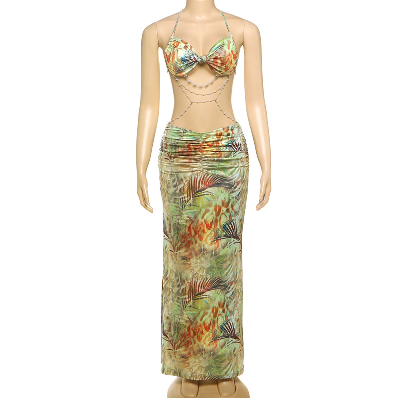 Women's Halter Neck Beaded Chain Detail Bodycon Backless Mini Dress