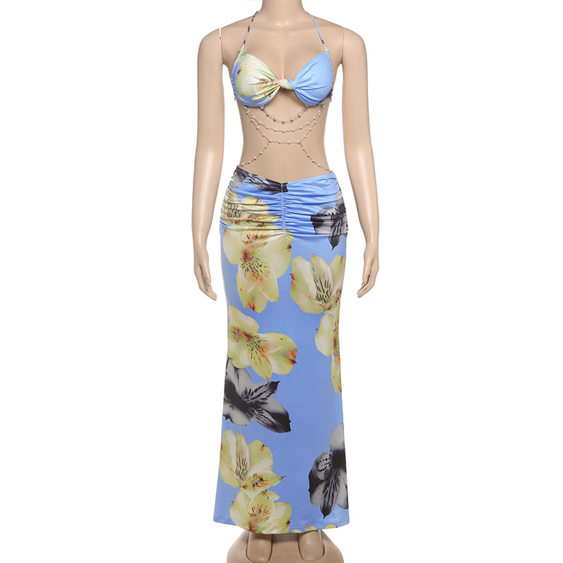 Women's Halter Neck Beaded Chain Detail Bodycon Backless Mini Dress