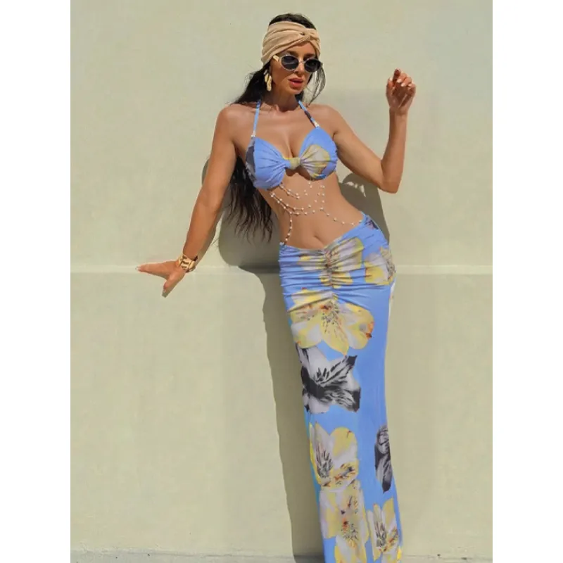 Women's Halter Neck Beaded Chain Detail Bodycon Backless Mini Dress