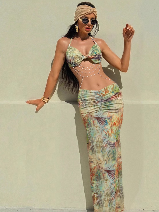 Women's Halter Neck Beaded Chain Detail Bodycon Backless Mini Dress