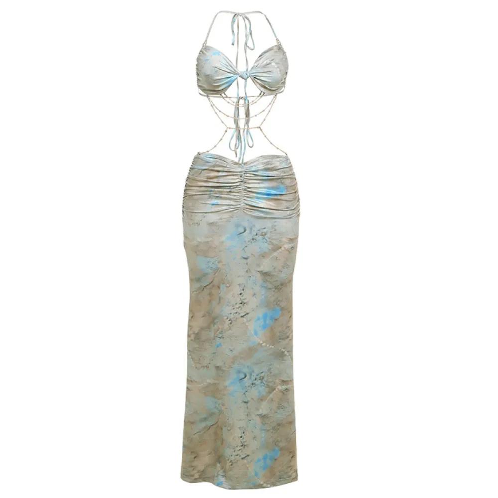 Women's Halter Neck Beaded Chain Detail Bodycon Backless Mini Dress