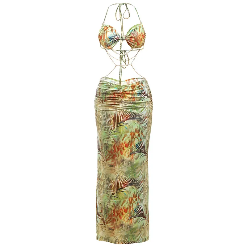 Women's Halter Neck Beaded Chain Detail Bodycon Backless Mini Dress
