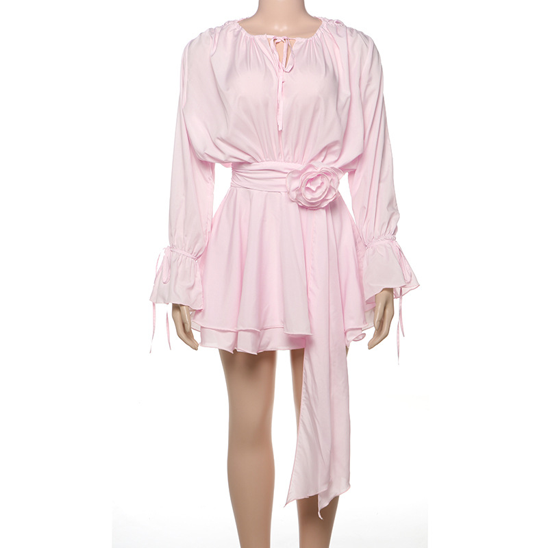 Solid Color Flared Sleeve Bodycon Dress with Bow-Tie Neck & Floral Embellishment