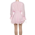 Solid Color Flared Sleeve Bodycon Dress with Bow-Tie Neck & Floral Embellishment