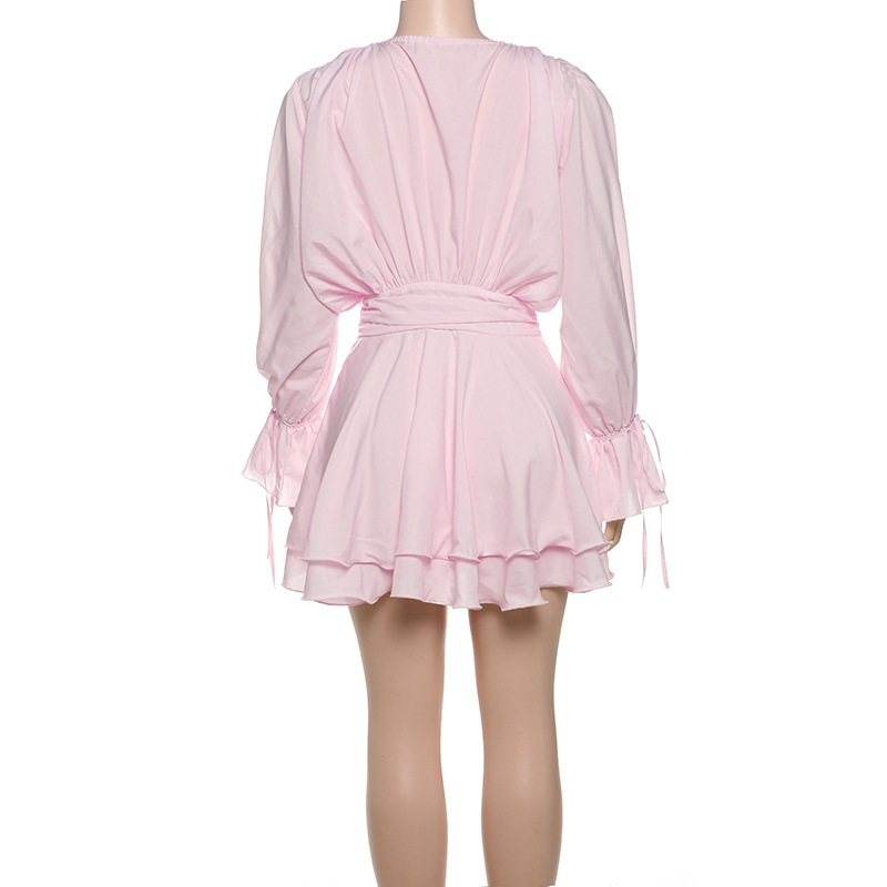 Solid Color Flared Sleeve Bodycon Dress with Bow-Tie Neck & Floral Embellishment