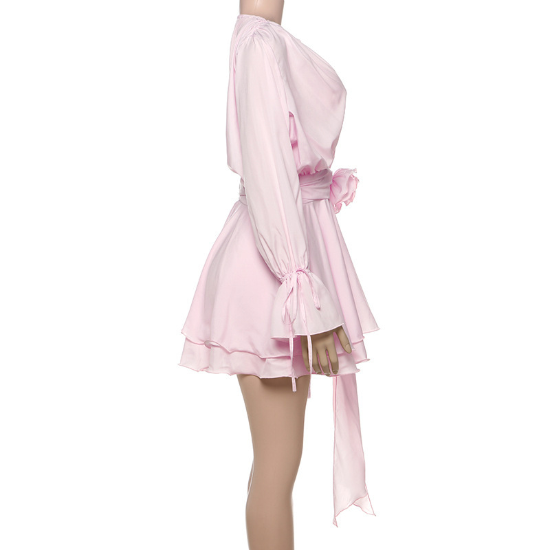 Solid Color Flared Sleeve Bodycon Dress with Bow-Tie Neck & Floral Embellishment