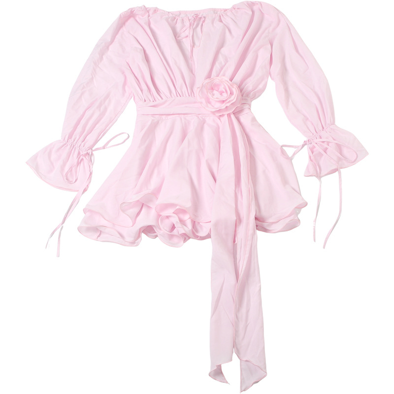 Solid Color Flared Sleeve Bodycon Dress with Bow-Tie Neck & Floral Embellishment