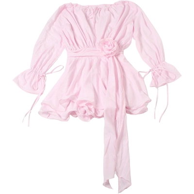 Solid Color Flared Sleeve Bodycon Dress with Bow-Tie Neck & Floral Embellishment 02